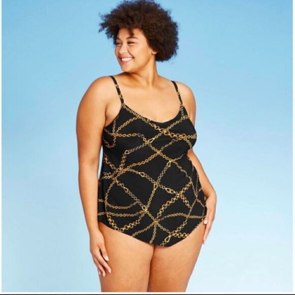 Aqua Green NEW Tankini bathing suit TOP chains black gold plus size 18W - Picture 1 of 12
